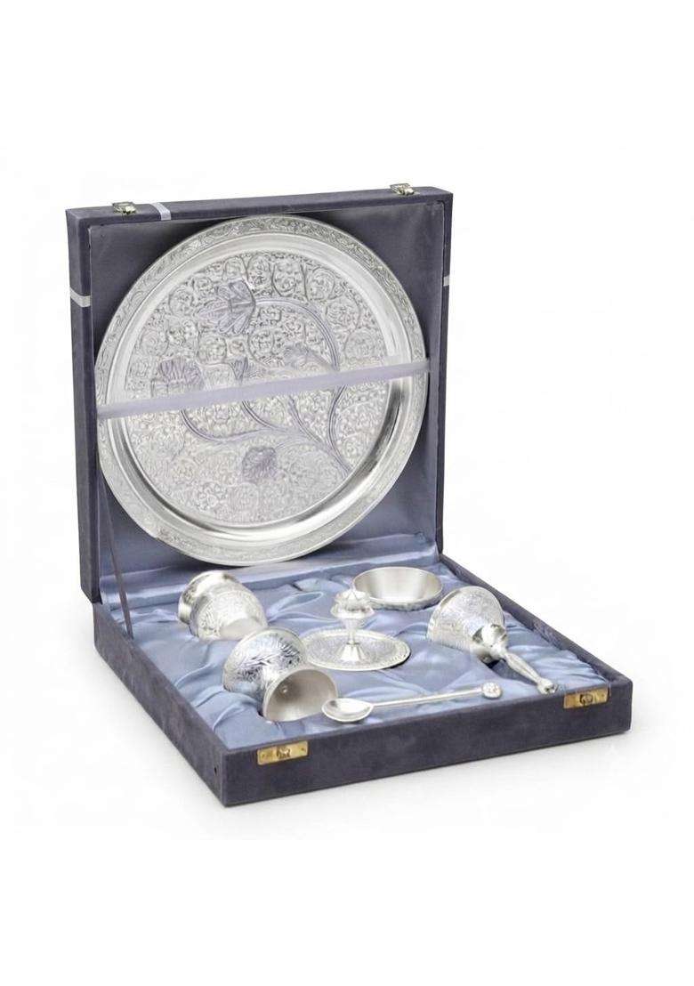 WWD World Wide Decor German Silver Plated Pooja Thali Set 10 Inch Plate 7 Pieces with Velvet Gift Box - Indya