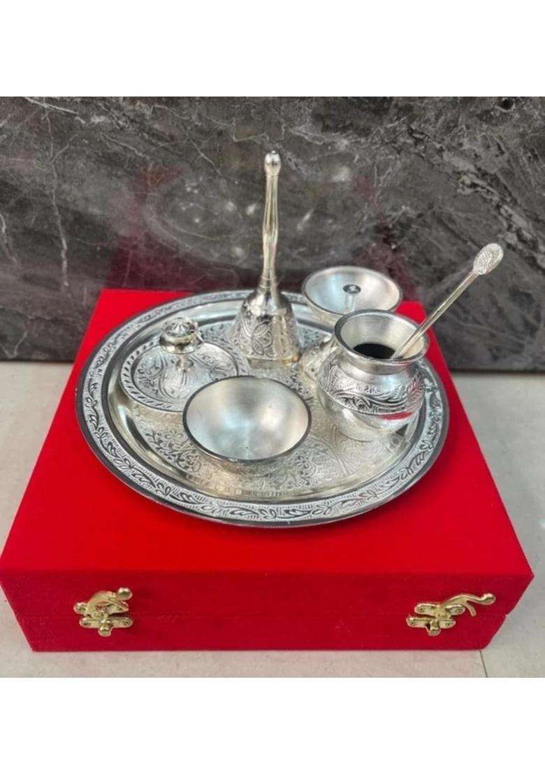 WWD World Wide Decor German Silver Plated Pooja Thali Set 10 Inch Plate 7 Pieces with Velvet Gift Box - Indya