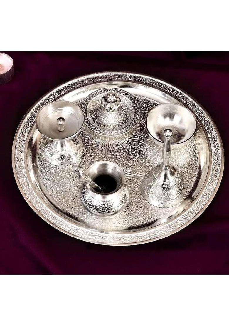 WWD World Wide Decor German Silver Plated Pooja Thali Set 10 Inch Plate 7 Pieces with Velvet Gift Box - Indya