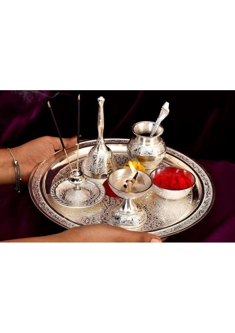 WWD World Wide Decor German Silver Plated Pooja Thali Set 10 Inch Plate 7 Pieces with Velvet Gift Box - Indya