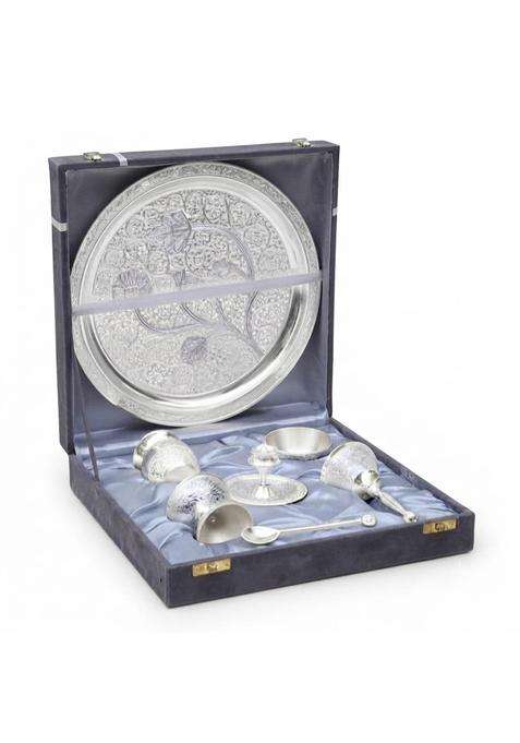 WWD World Wide Decor German Silver Plated Pooja Thali Set 10 Inch Plate 7 Pieces with Velvet Gift Box