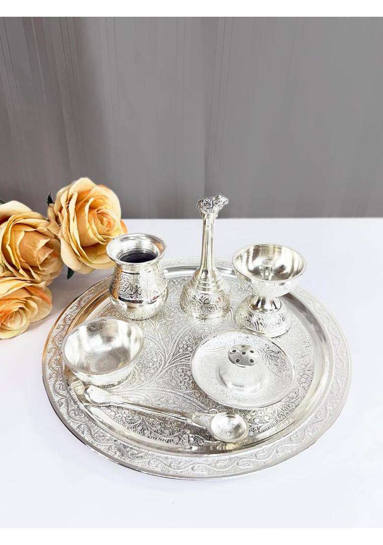 The Paizley German Silver Plated Pooja Thali Pcs with 10 Inch Plate and Velvet Gift Box Set of 7 - Indya