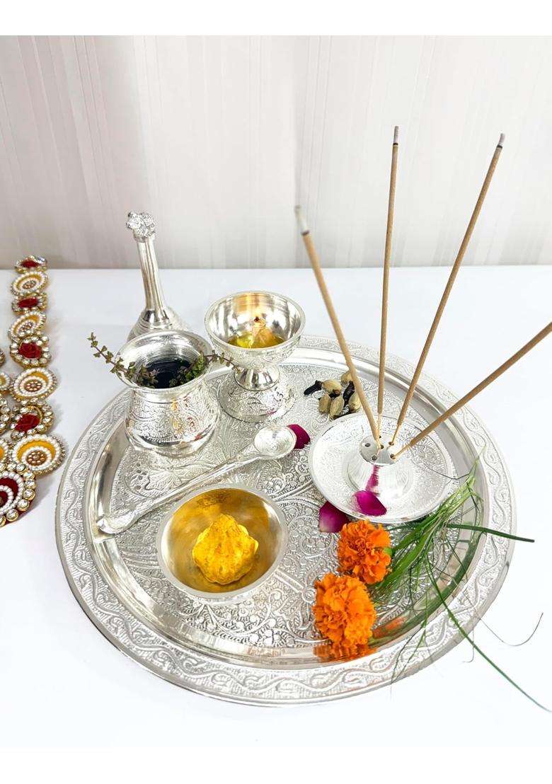 The Paizley German Silver Plated Pooja Thali Pcs with 10 Inch Plate and Velvet Gift Box Set of 7 - Indya