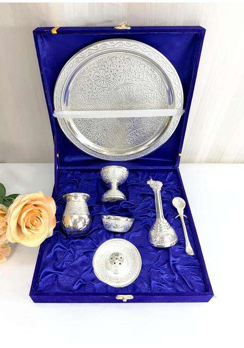 The Paizley German Silver Plated Pooja Thali Pcs with 10 Inch Plate and Velvet Gift Box Set of 7