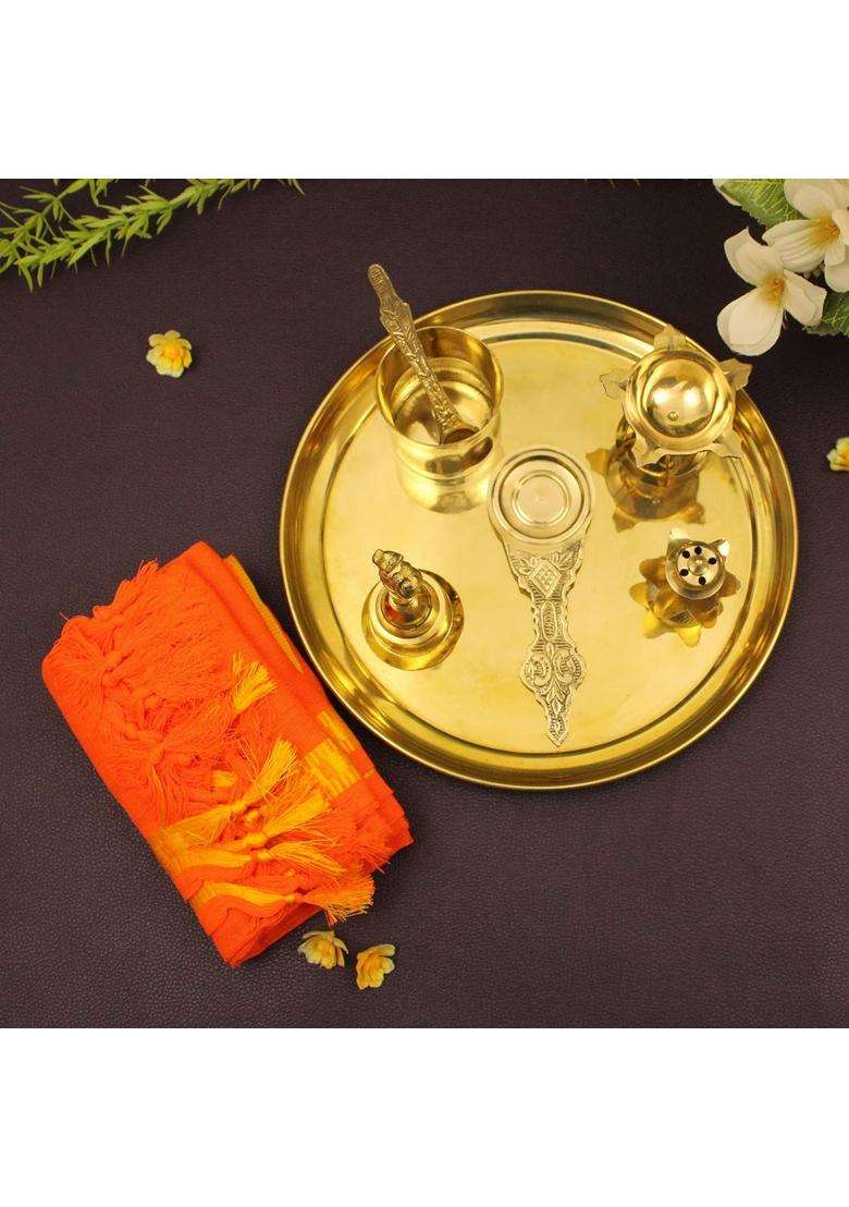 Spillbox Yellow Traditional Handcrafted Brass Puja Pooja Thali - Indya