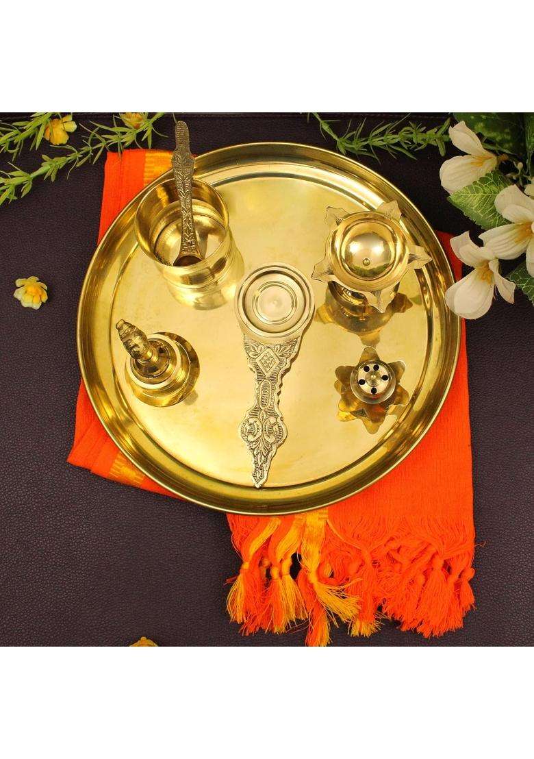 Spillbox Yellow Traditional Handcrafted Brass Puja Pooja Thali - Indya
