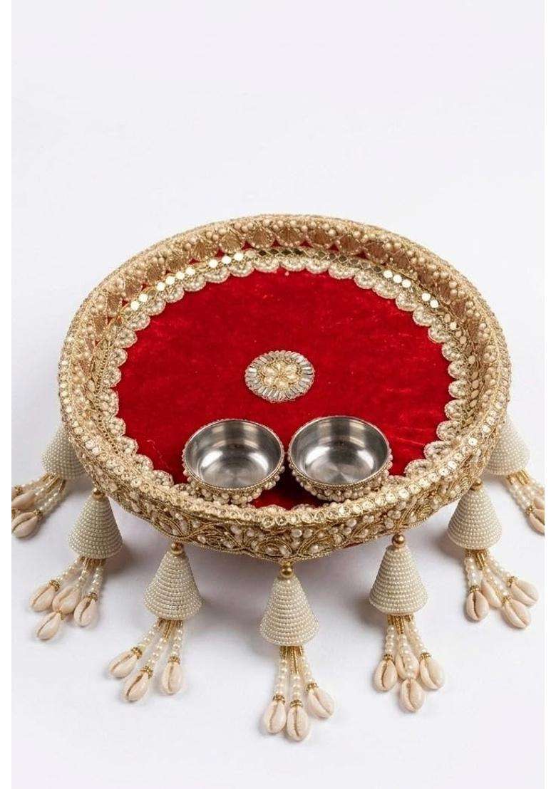 Premium Handcrafted Pooja Thali Set with 2 Stainless Steel Bowls Plush Red Velvet Base - Indya