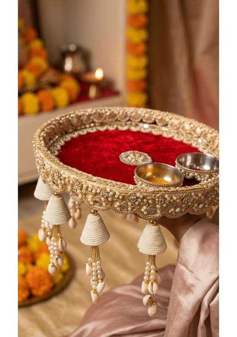 Premium Handcrafted Pooja Thali Set with 2 Stainless Steel Bowls Plush Red Velvet Base - Indya