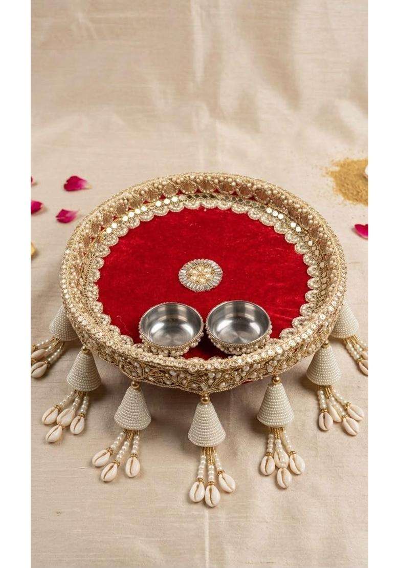Premium Handcrafted Pooja Thali Set with 2 Stainless Steel Bowls Plush Red Velvet Base - Indya