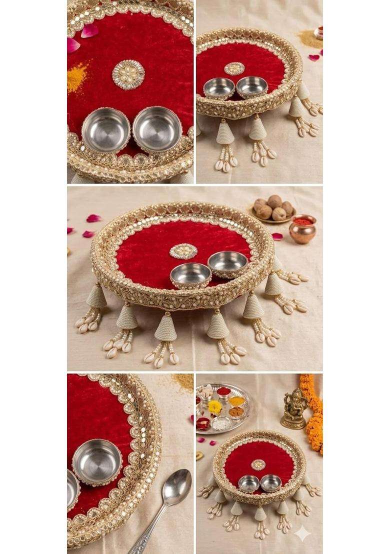 Premium Handcrafted Pooja Thali Set with 2 Stainless Steel Bowls Plush Red Velvet Base - Indya