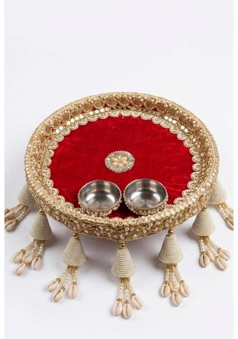 Premium Handcrafted Pooja Thali Set with 2 Stainless Steel Bowls Plush Red Velvet Base
