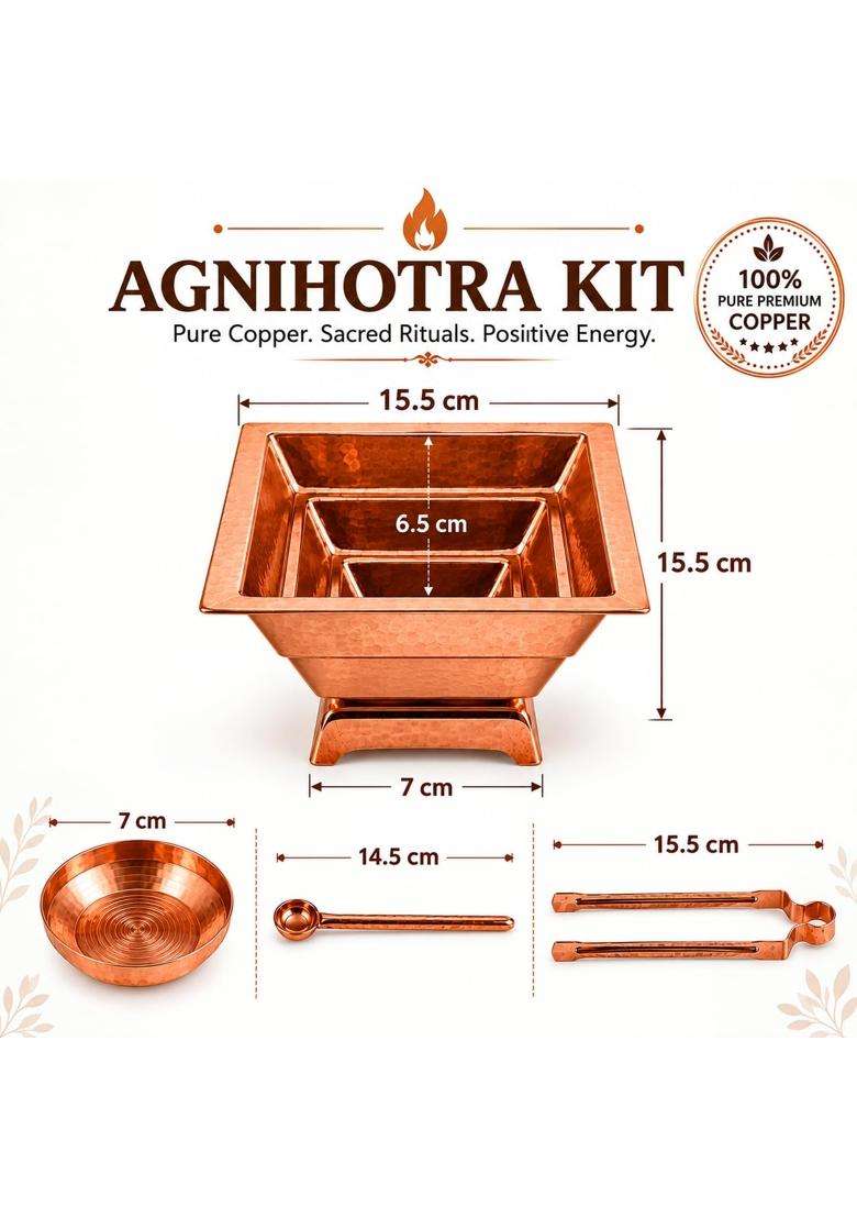 Myshanatural Copper Agnihotra Homa Kit Full Set Hawan Kund with Religious Spoon Items Chimta and Plate - Indya