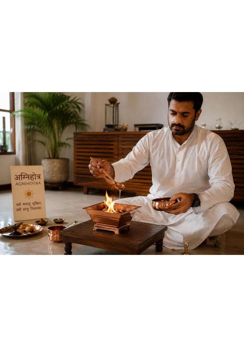Myshanatural Copper Agnihotra Homa Kit Full Set Hawan Kund with Religious Spoon Items Chimta and Plate - Indya