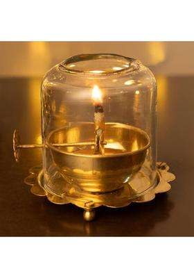 The Advitya Golden Brass Akhand Diya for Pooja with Adjustable Bati Knob and Glass Cover