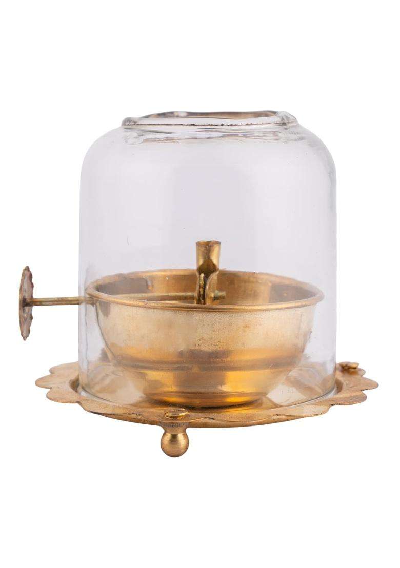 The Advitya Golden Brass Akhand Diya for Pooja with Adjustable Bati Knob and Glass Cover - Indya