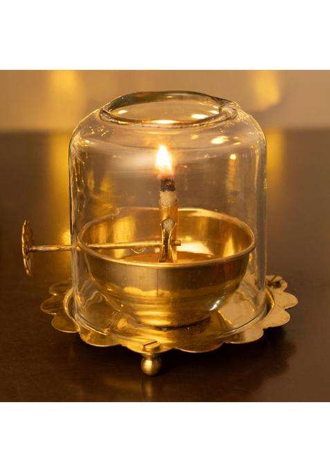 The Advitya Golden Brass Akhand Diya for Pooja with Adjustable Bati Knob and Glass Cover