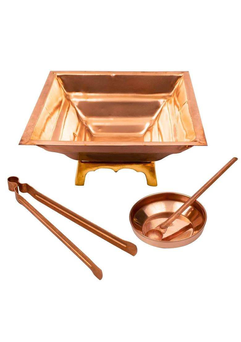 Copper Agnihotra 5 in 1 Copper Set with Hawan Kund Yagya Kund and Complete Agnihotra Kit Including Copper Pot - Indya