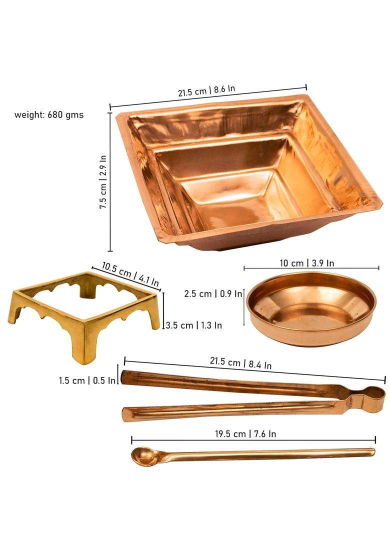 Copper Agnihotra 5 in 1 Copper Set with Hawan Kund Yagya Kund and Complete Agnihotra Kit Including Copper Pot - Indya