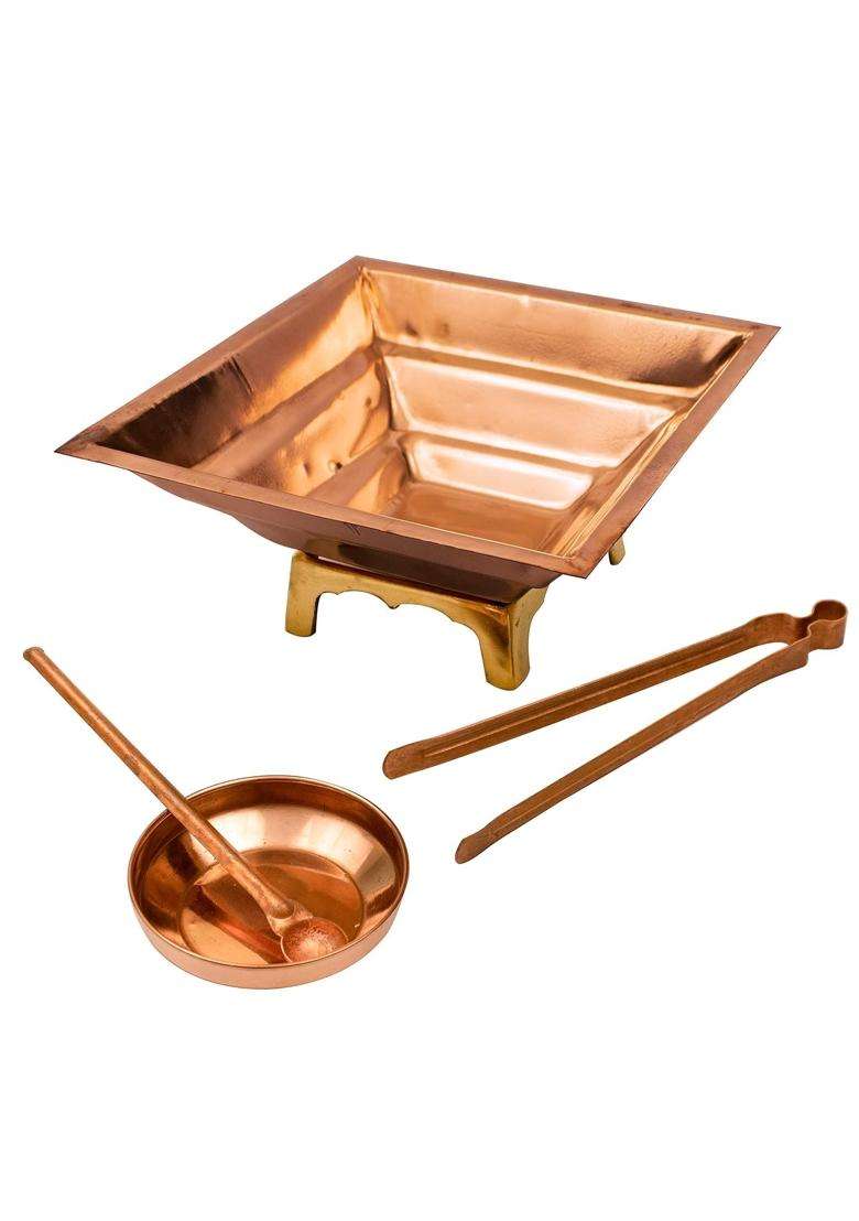 Copper Agnihotra 5 in 1 Copper Set with Hawan Kund Yagya Kund and Complete Agnihotra Kit Including Copper Pot - Indya
