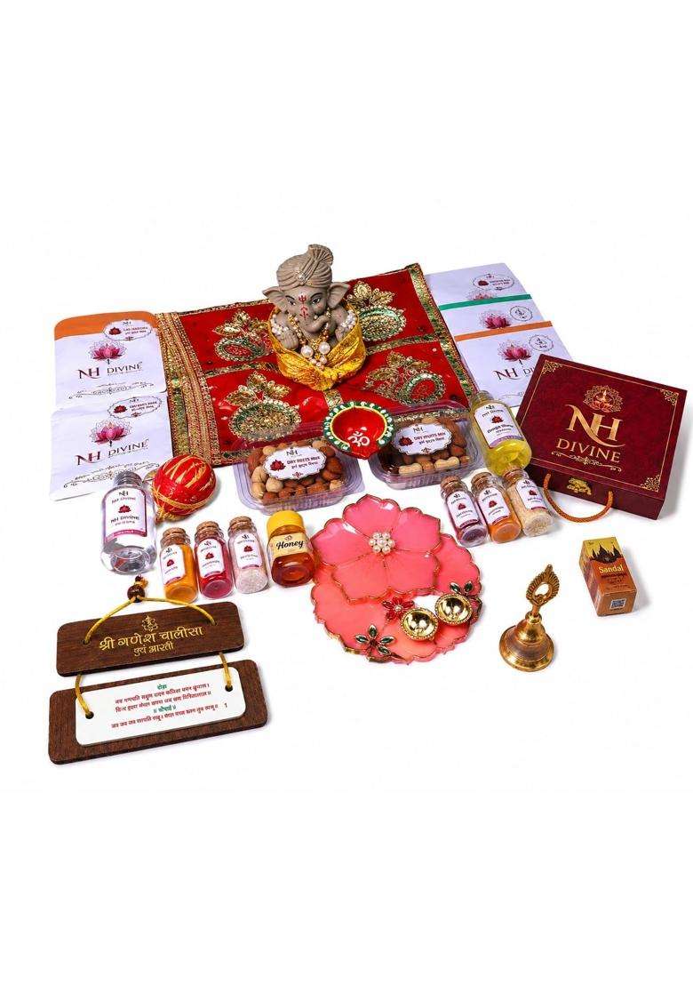 NH Divine Multicolour Ganpati Pooja Supreme 29 Item Kit Ganesh Pooja Samagri Set with 4 Inch Ganpati Idol Roli - Indya