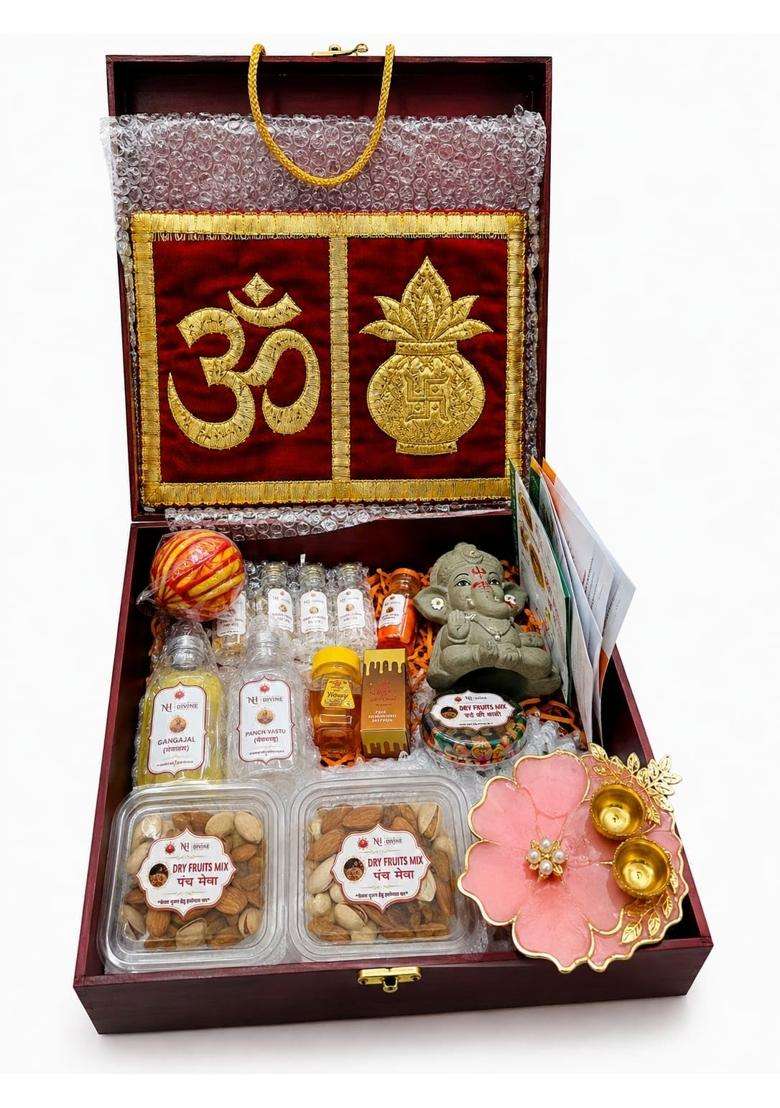 NH Divine Multicolour Ganpati Pooja Supreme 29 Item Kit Ganesh Pooja Samagri Set with 4 Inch Ganpati Idol Roli - Indya