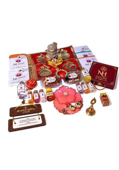 NH Divine Multicolour Ganpati Pooja Supreme 29 Item Kit Ganesh Pooja Samagri Set with 4 Inch Ganpati Idol Roli