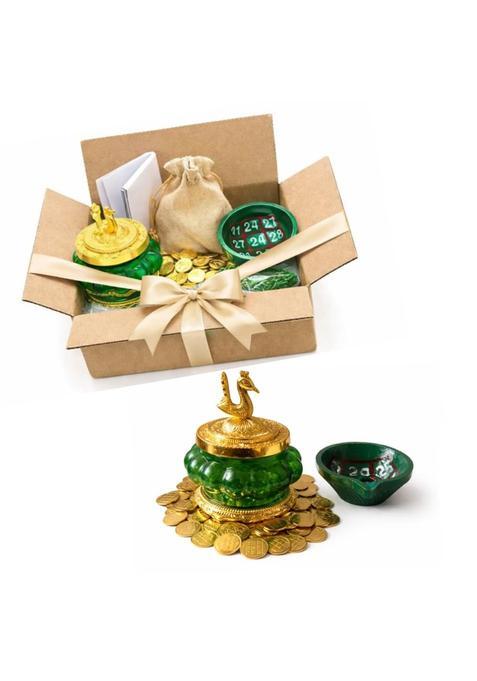 Sidkudil Kubera Lakshmi Wealth Pooja Gift Pack Gold Polished Pot with 108 Brass Coins