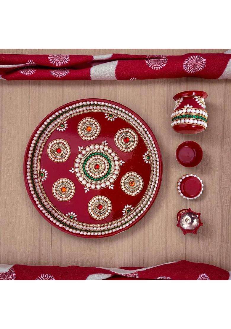 RIA Studio Pooja Thali Stainless Steel Set with Kundan Decoration - Indya