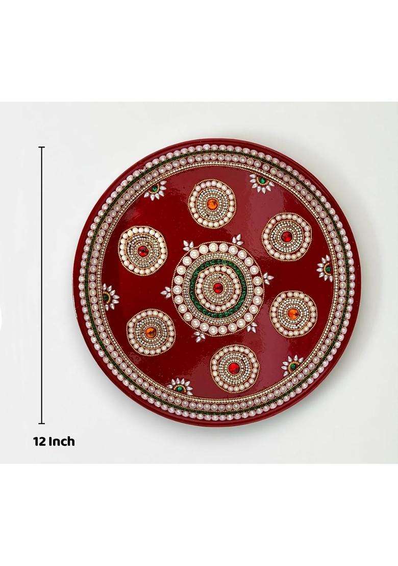 RIA Studio Pooja Thali Stainless Steel Set with Kundan Decoration - Indya