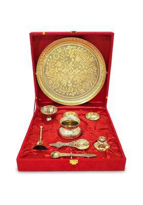 Bengalen ALEN Brass Pooja Thali Set with Red Gift Box 10 Inch Pital Puja Thali Dhup Dan Kalash Palli Ghanti