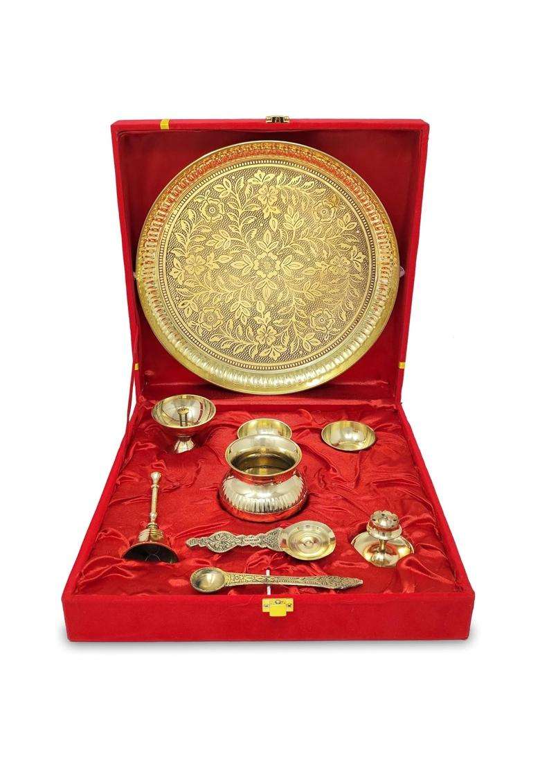 Bengalen ALEN Brass Pooja Thali Set with Red Gift Box 10 Inch Pital Puja Thali Dhup Dan Kalash Palli Ghanti - Indya