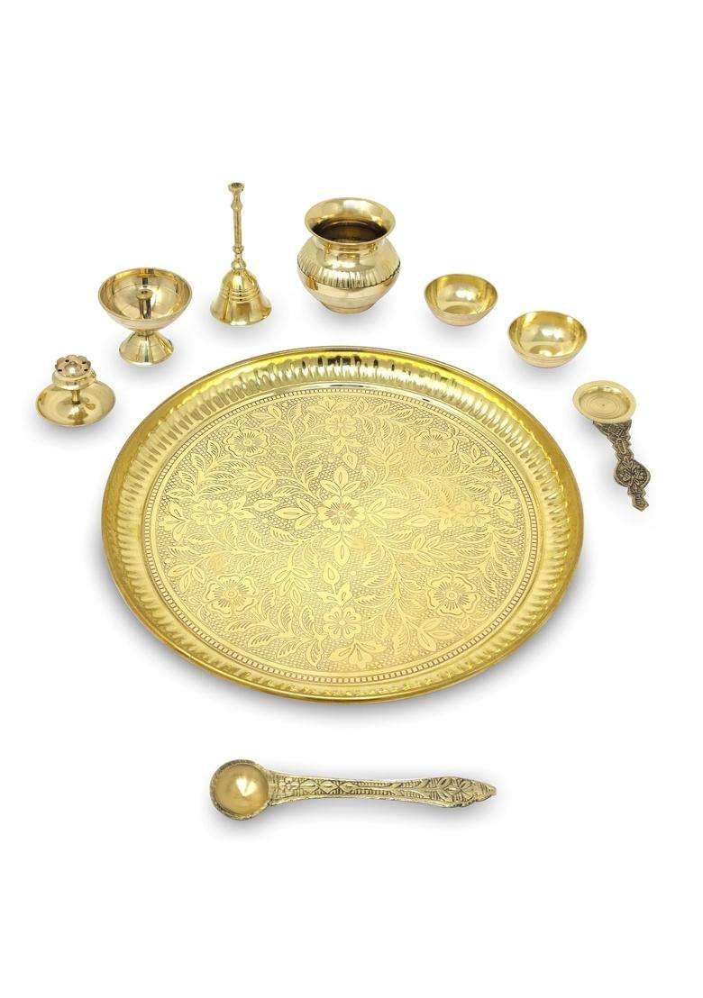 Bengalen ALEN Brass Pooja Thali Set with Red Gift Box 10 Inch Pital Puja Thali Dhup Dan Kalash Palli Ghanti - Indya