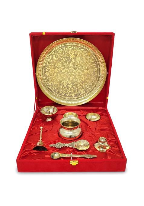 Bengalen ALEN Brass Pooja Thali Set with Red Gift Box 10 Inch Pital Puja Thali Dhup Dan Kalash Palli Ghanti