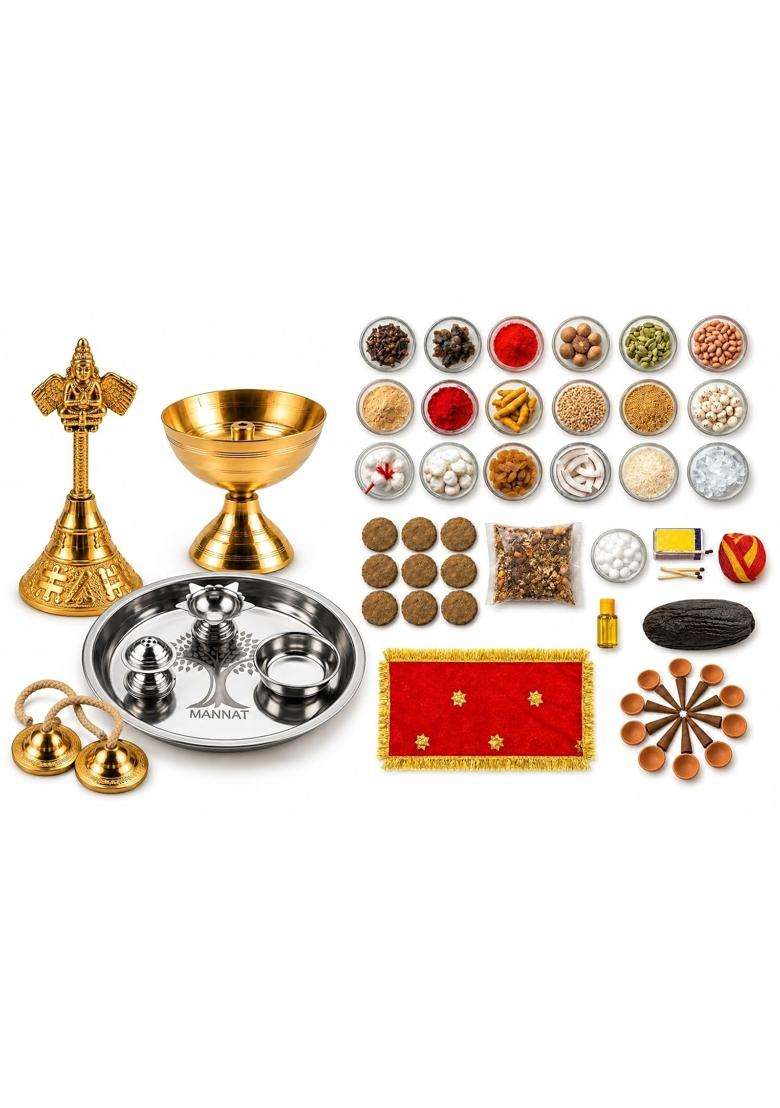 Multicolour Essential Navratri Diwali Pooja Samagri Kit with Thali 6 Royal Pooja Kit - Indya
