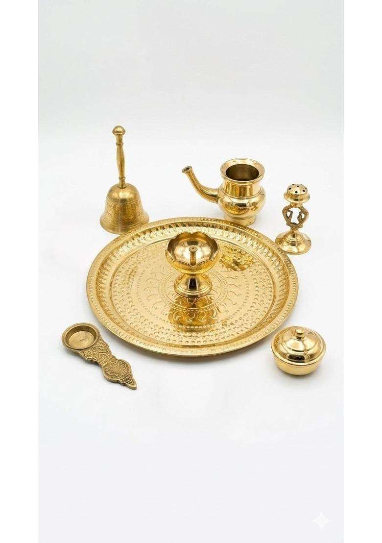 Gold Triloka ARTS100 Percent Pure Brass 11 Inch Pooja Thali Set 7 Pieces - Indya