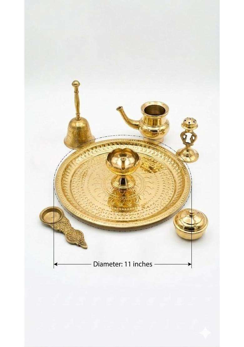 Gold Triloka ARTS100 Percent Pure Brass 11 Inch Pooja Thali Set 7 Pieces - Indya