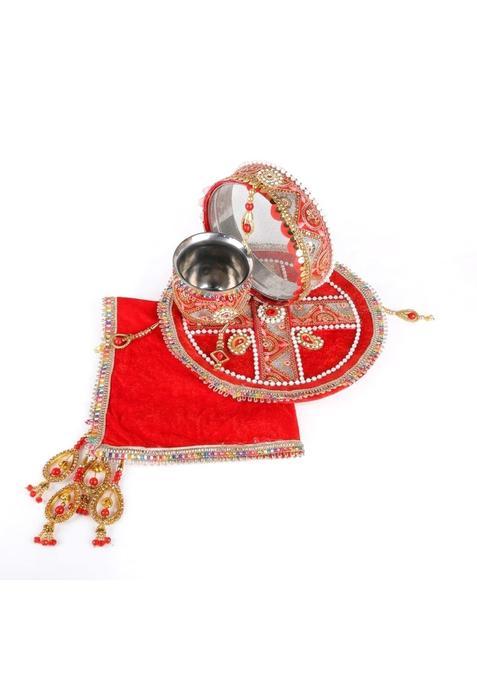 Satvik Red 11 Pcs Karwa Chauth Thali Set Embroidery Puja Kit with Channi Lota Diya Mehndi Bindi Roli Chawal
