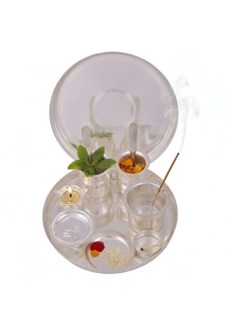 Apanikah Silver Plated Jain Pooja Thali Set 11 Pieces Complete Puja Plate Kit for Jain Rituals Diwali - Indya