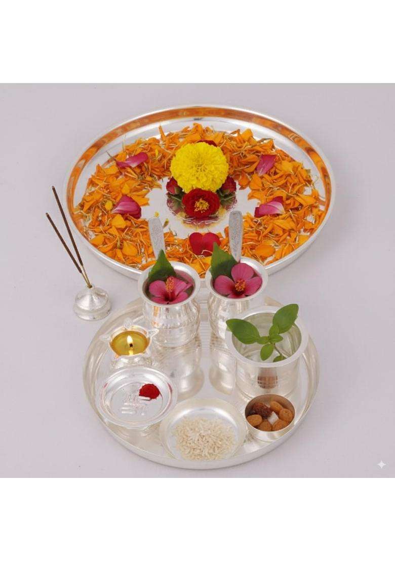 Apanikah Silver Plated Jain Pooja Thali Set 11 Pieces Complete Puja Plate Kit for Jain Rituals Diwali - Indya