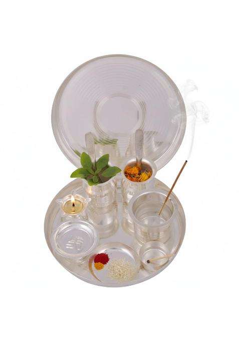 Apanikah Silver Plated Jain Pooja Thali Set 11 Pieces Complete Puja Plate Kit for Jain Rituals Diwali