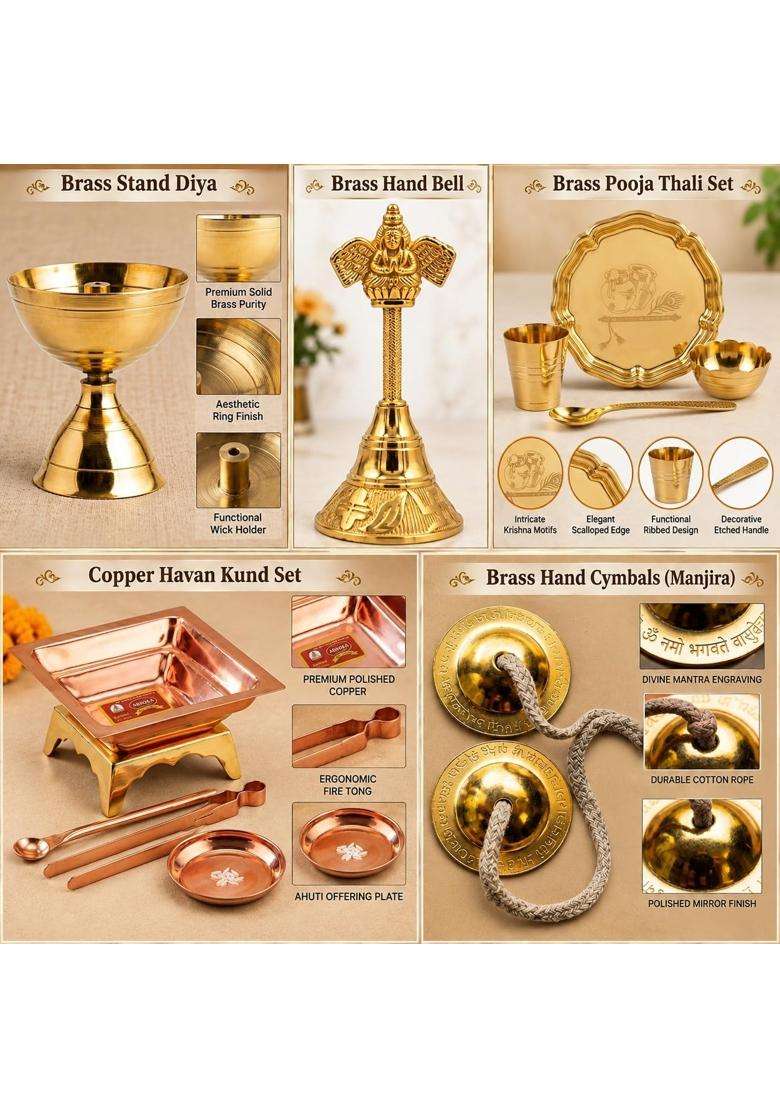 Multicolour Essential Navratri Diwali Pooja Samagri Kit with Thali 8 Maharaja Pooja Kit - Indya