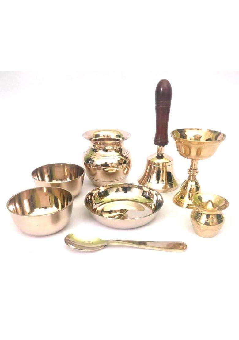 Tangerine Bronze Pooja Set Traditional Indian Puja Kit for Home Worship and Festivals Puja Kit Puja Thali Set - Indya