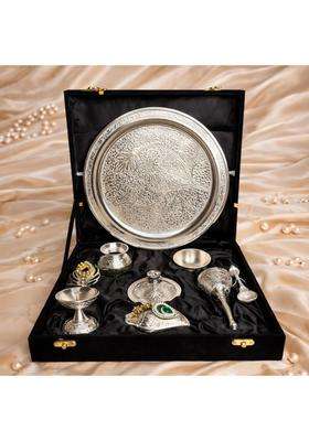 Northland Silver Plated 9 Pieces Pooja Thali Set with Velvet Box for Diwali Poojan Pooja Room Diwali Gifting