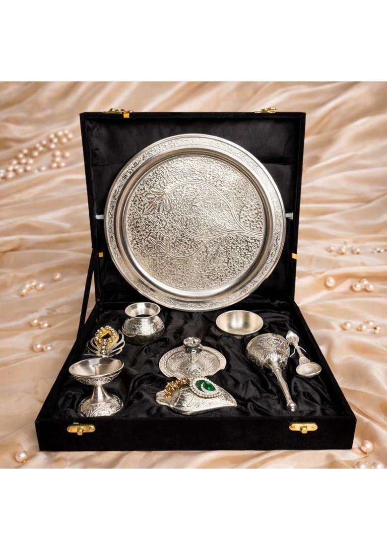 Northland Silver Plated 9 Pieces Pooja Thali Set with Velvet Box for Diwali Poojan Pooja Room Diwali Gifting - Indya