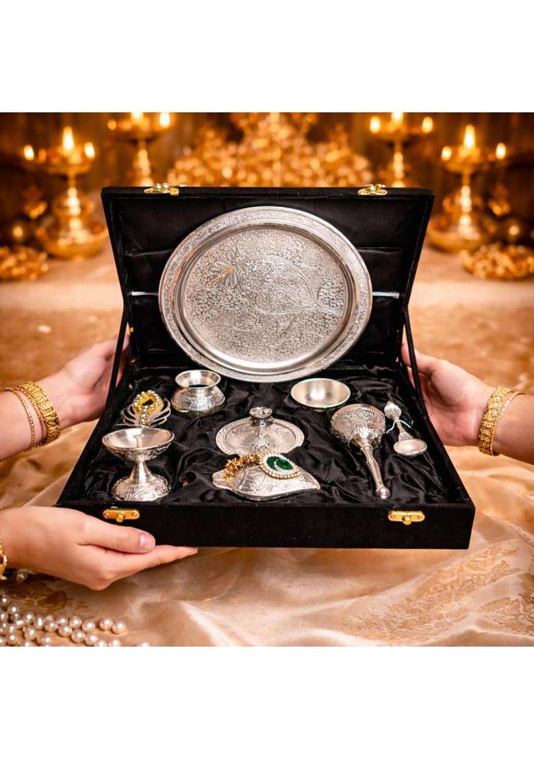 Northland Silver Plated 9 Pieces Pooja Thali Set with Velvet Box for Diwali Poojan Pooja Room Diwali Gifting - Indya