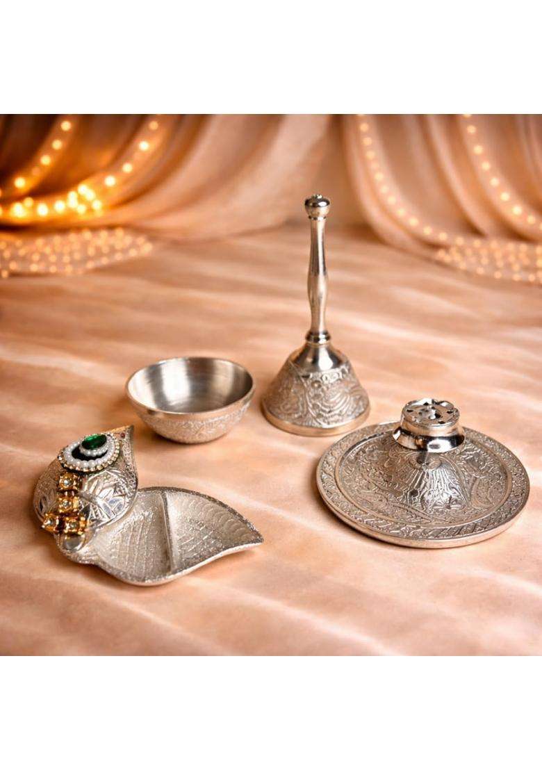 Northland Silver Plated 9 Pieces Pooja Thali Set with Velvet Box for Diwali Poojan Pooja Room Diwali Gifting - Indya