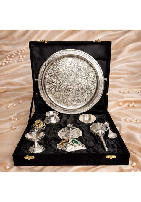 Northland Silver Plated 9 Pieces Pooja Thali Set with Velvet Box for Diwali Poojan Pooja Room Diwali Gifting