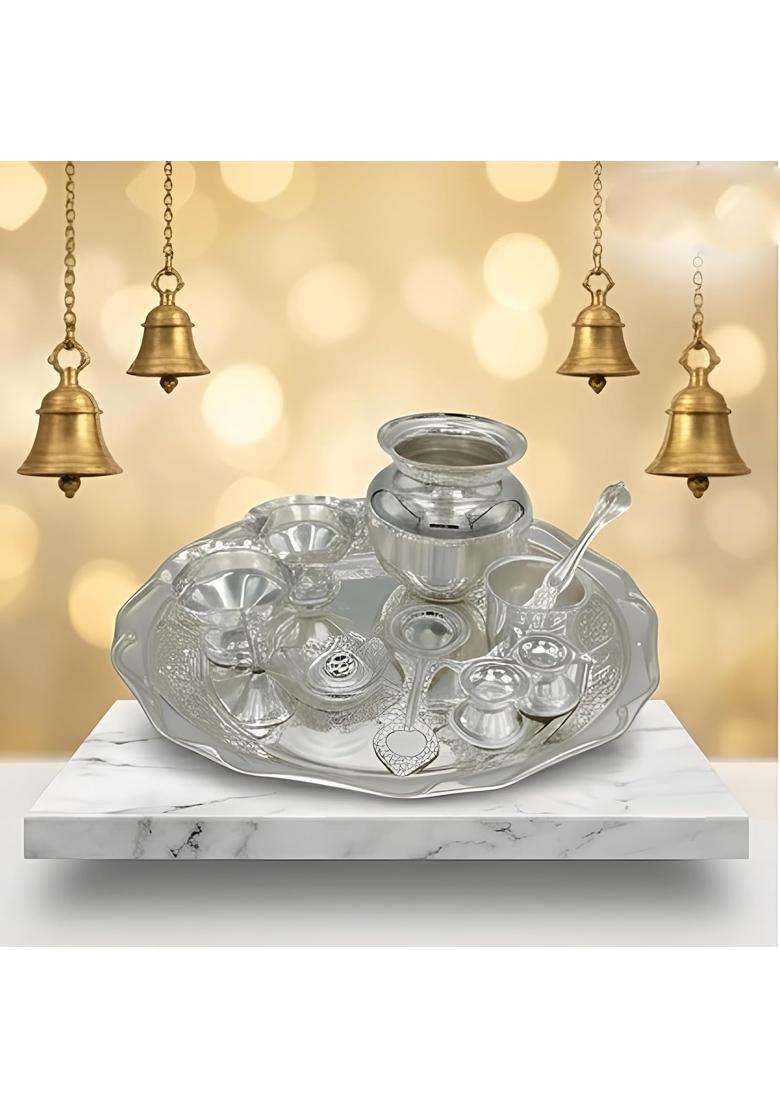 Bleaf Silver Plated Grand Pooja Set 11 Pcs Set Thali 35 CM - Indya