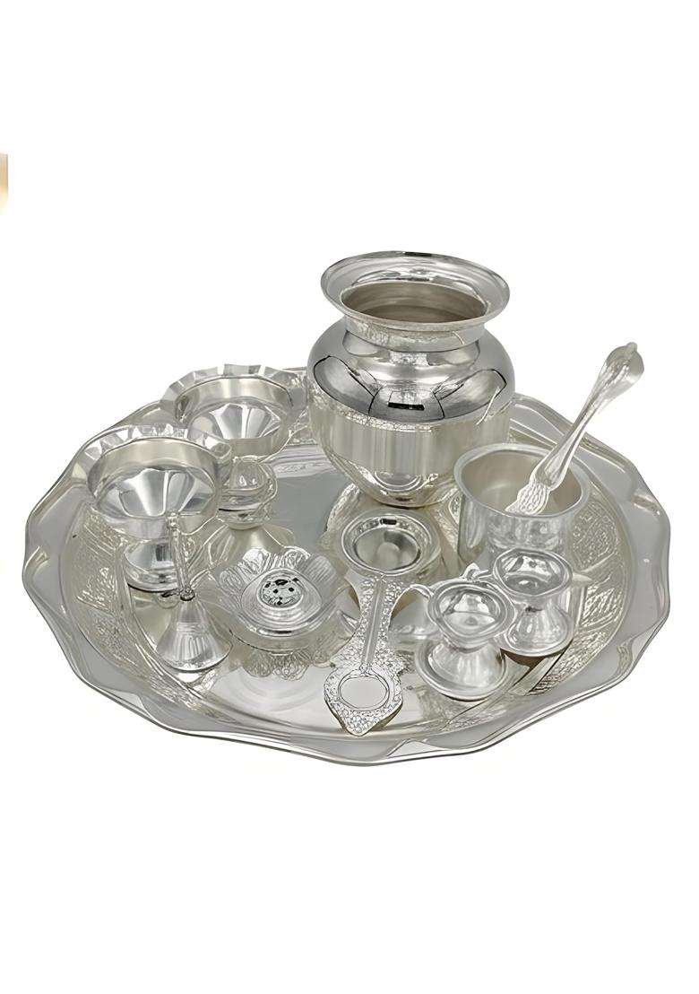 Bleaf Silver Plated Grand Pooja Set 11 Pcs Set Thali 35 CM - Indya