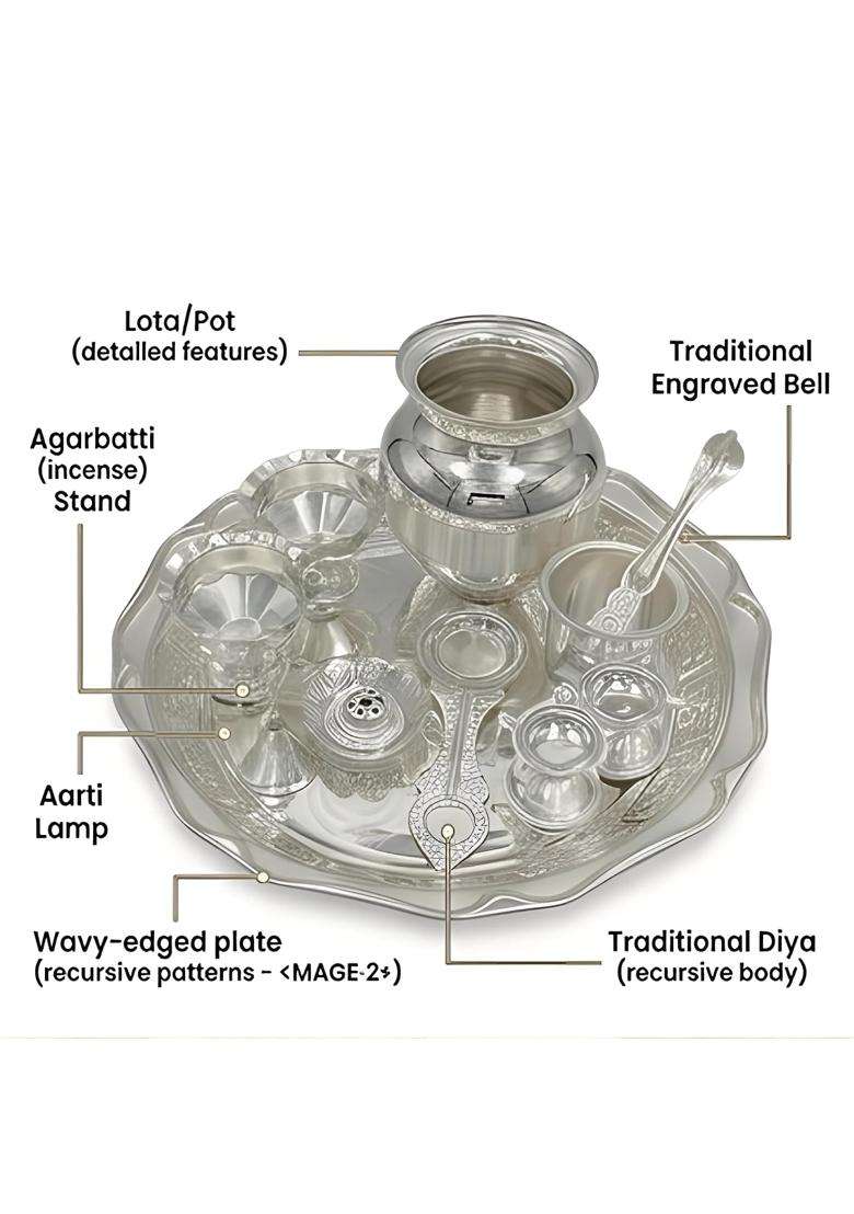 Bleaf Silver Plated Grand Pooja Set 11 Pcs Set Thali 35 CM - Indya
